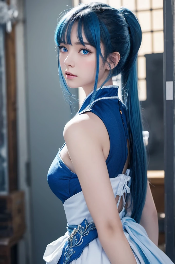 Beautiful illustration、top-quality、Cute girl room、blue hairs、length hair、(((Blue pleated skirt)))、(((Blue sailor suit)))、shortsleeves、Colossal 、a navel、Flip up the skirt with your hands、Show white panties、lift up your skirt and show me your panties...、red the beds、lovely thighs、glowing thigh、Floating hair、Wind、skirt lift by yourself、Naughty face、open stance
