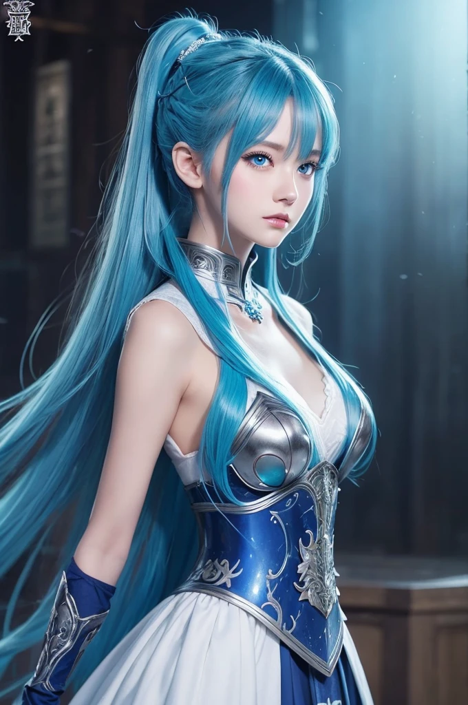 8k,Close-up of a woman in a blue and white dress、Draw your sword,Blue Hair, Super Beauty,(Like the real thing)blue eyes,ponytail,Chengwei Pan at Art Station、 By Yang Jo、 Detailed fantasy art、Amazing character art、 Fan Art Best Art Station、 Gorgeous and detailed character art、 Beautiful Armor、Highly detailed art gems、 Detailed digital animation art、 Art Station pixiv's artgerm、 Girl in armor,Dynamic Angle,Ultra-high resolution,Laugh out loud,Realistic Skin,attractive,Sexy,Active,Rich colors, Backlight, Cinema Lighting, Film Grain, 50mm lens, Nikon D850,Ultra-high resolution,Ultra-realistic,compensate,Super sexy,Big eyes,Beautiful breasts,Dynamic pose,