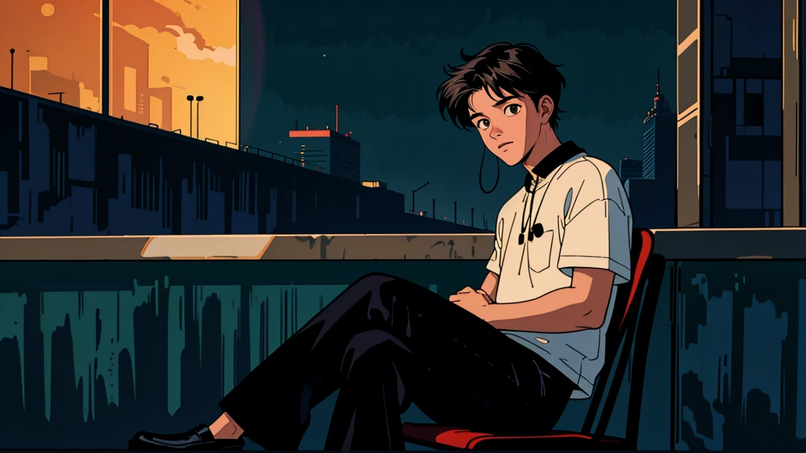 best quality, 8k, 1990s style,2010s hairstyles, 21-year-old boy, black hair, light brown eyes, city pop, pants ,night view, wearing headphones, whole body, relax coffee,table,confection,Looking at me, Black cat