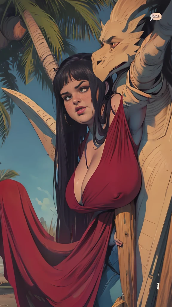 Bbw girl holding her huge fat chubby soft belly, she's sitting next to a dragon. Pretty face, red cheeks, très détaillée, robe noire, gros ventre, fat face. Old comics dark fantasy vibes