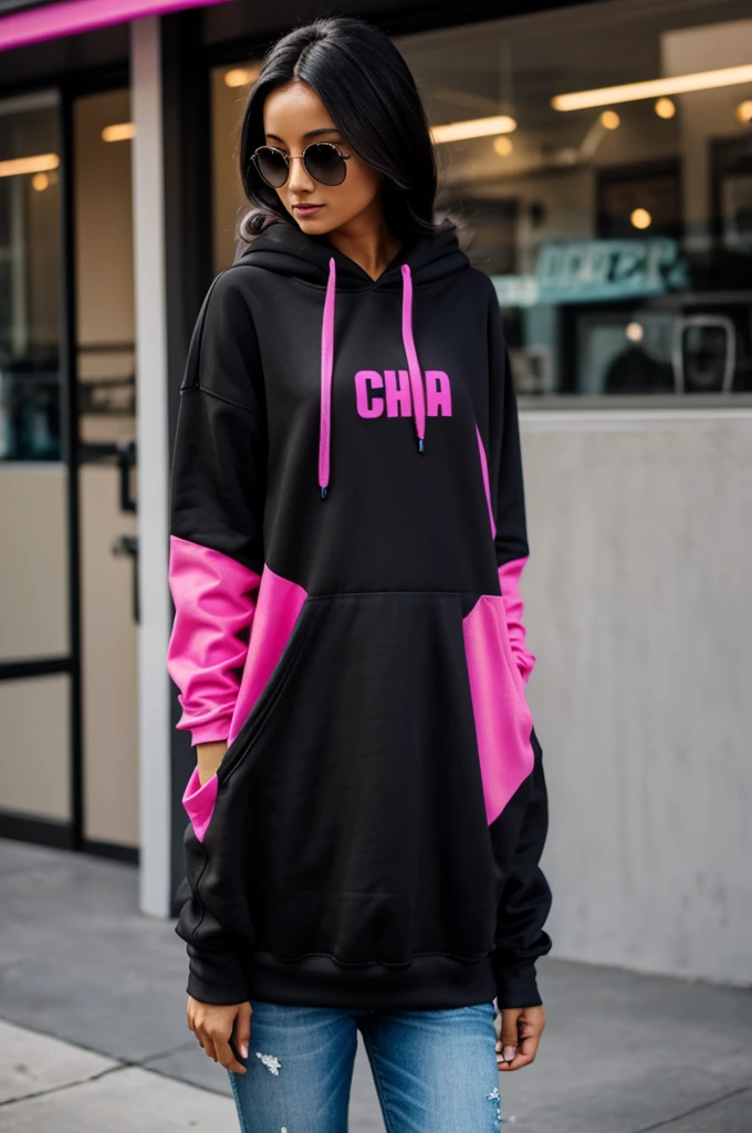 Design a hoddie that combines black colors, fuchsia, light blue and orange