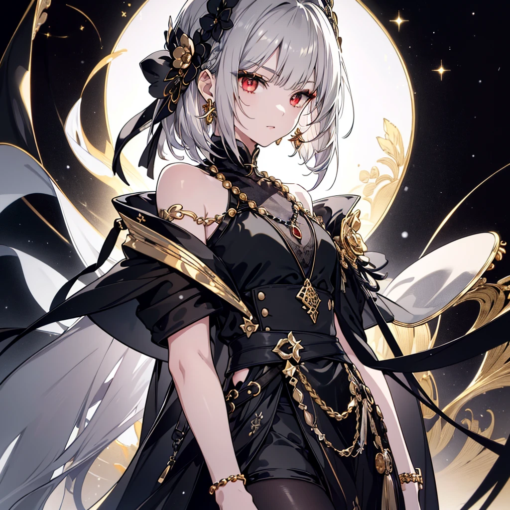 8k,High resolution RAW color art, Anime Art,Silver Marble Skin, (((Very detailed and cute))), Detailed skin, Bokeh、texture,(Exquisitely crafted, The finer details, Ultra-detailed art), (((1 girl))), Depth of written boundary, Silky Touch, Hyper Detail, (((Cool face))), eye shadow、Armed women, Beautiful detailed red eyes, Beautiful lip detail, Highly detailed face, Delicate depiction of hair and eyes, Detailed Fashion, Golden Earrings,Full body depiction, Black half top、Shoulder Bare、Black shorts、Waist Cloak、black tights、Golden decoration, Light gray hair, Golden bracelet, Straight Hair、Short Hair、(((Hair)))、Calm background、(((Black theme)))、snow、Side view、Crouch