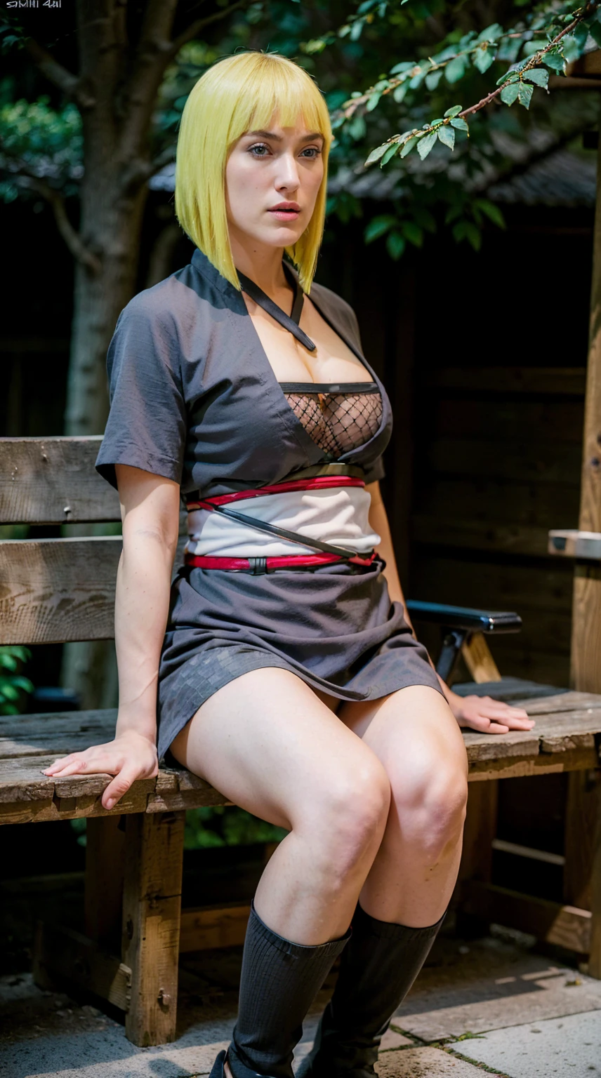 Masterpiece, Best quality,, (photorealistic1.4), (UHD), (k31r4k-v2), (epiCRealLife), (flashphoto),, (photorealistic1.4), (blonde hair Keira Knightley), (blonde samui), (big breasts), (cleavage), (samui costume), , (samui black kimono, (Samui red arm vambraces), (Kimono white obi pad), (Kimono obi pad belt), (cowboy shots), (red armguard), (Keira Knightley smile, look at viewers), (samui, blue eyes, short hair, bangs, blunt bangs, fishnets, dress, grey dress, skirt, grey skirt, (Japanese outdoor), (in a Japanese garden), (sitting on bench), (from side), (Keira Knightley smile)