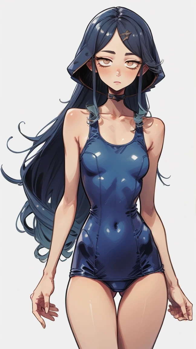 Leila, Bright eyes, blue hair, whole body, Gray background, standing straight, in a swimsuit