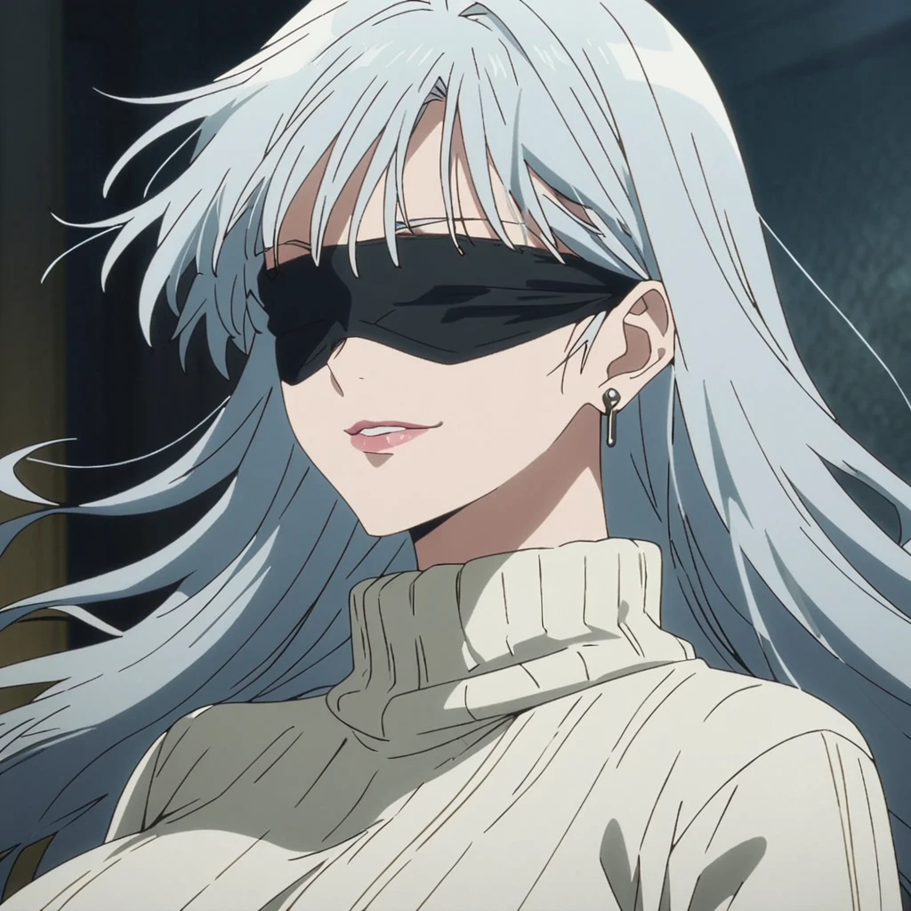 1girl, female gojo satoru, anime screencap from jujutsu kaisen, gojo satoru female version, solo, long_hair, ((wearing black blindfold)) ((silver_hair)), (hanging breasts) upper_body, smile, lips, (long hair) ((wearing white colour sweater)) breast, "very detailed and high resolution" (black blindfold) ((solo)) (((front view))) (earings) ((high resolution)) ((good quality)) ((silky hair))