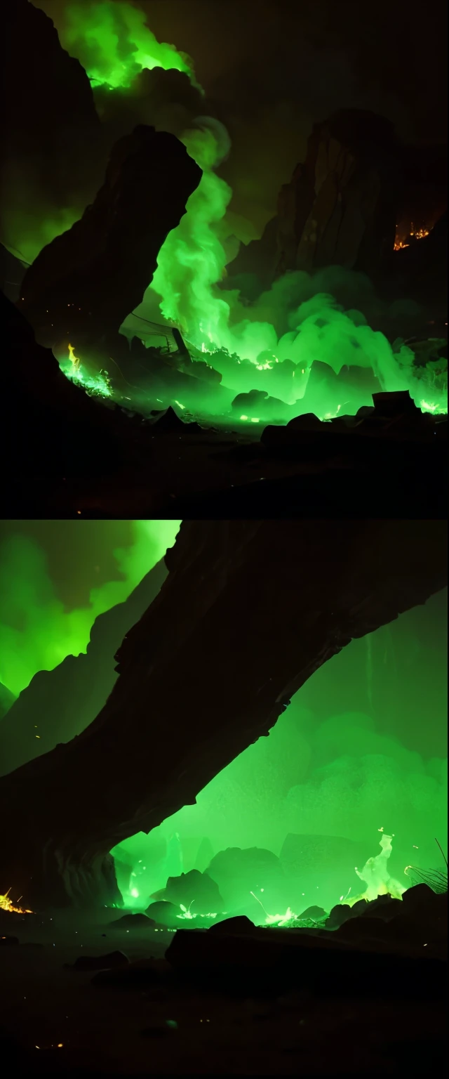 Ground on fire,green fire Create an image depicting a surreal and vivid scene of green fire spreading across the ground. The flames should be vibrant and emerald in color, dancing and flickering as they cast an eerie, otherworldly glow. The ground beneath the fire is cracked and charred, with tendrils of smoke rising and blending into the night sky. The surrounding area is illuminated by the unnatural green light, casting shadows that add to the mysterious atmosphere. Sparse vegetation and rocks can be seen through the flames, partially engulfed and glowing with the intense heat of the fire
