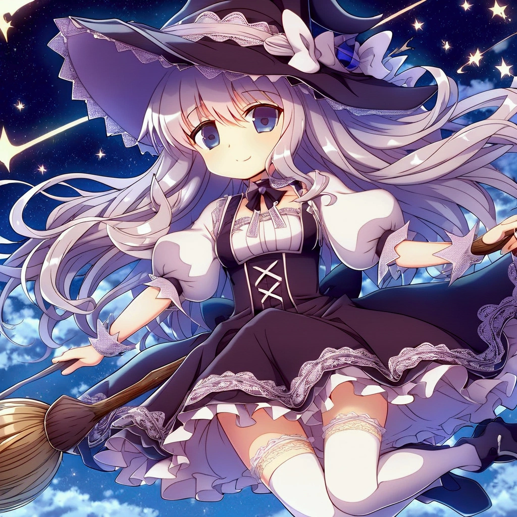 ,Foot Control,White pantyhose,shy,cute,big eyes,weak,White curly hair,Medieval witch,Blue eyes,Witch Hat,night,Long hair is blown up by the wind