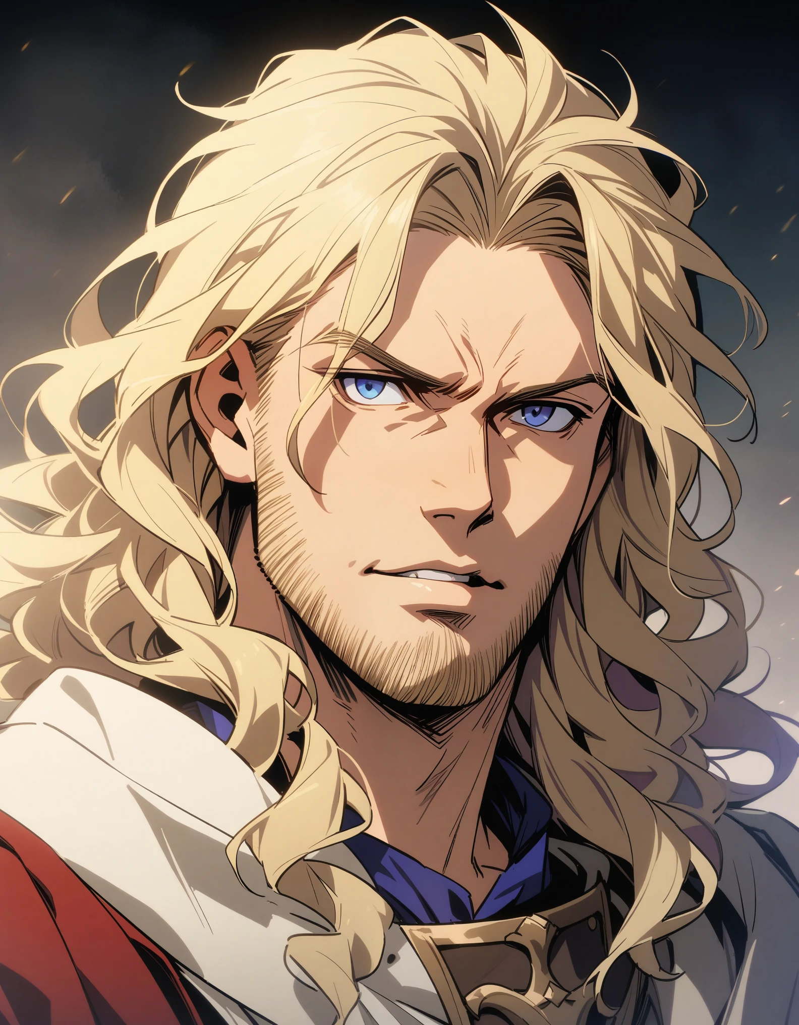 male, late 30s, blond, shoulder-length, middle-part wavy hair, (light-purple, deep-set, Sanpaku eyes), slightly thick blond beard, aquiline and hooked nose, slightly underbite, chiseled, slightly long face, fearless expression, medieval European royal attire, portrait