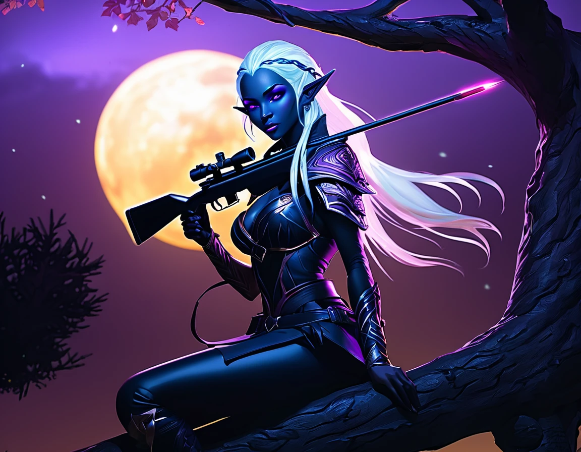 a portrait picture of a 1single female drow elf sniper, lying on a tree branch aiming a sniper rifle, an exotic beautiful elf sniper, white hair, braided hair, (black skin: 1.3), intense purple eyes, ultra detailed face, small pointed ears, night black camouflage cloths, intricate clothes, on top of a epic fantasy tree, aiming a Barret M82, fantasy fores background, its night time, moon rays, some clouds, (full body shot: 1.1) , vibrant, Ultra-high resolution, High Contrast, (masterpiece:1.5), highest quality, Best aesthetics), best details, best quality, highres, ultra wide angle, 16k, [ultra detailed], masterpiece, best quality, (extremely detailed) Sniper Rifle, Intense gaze