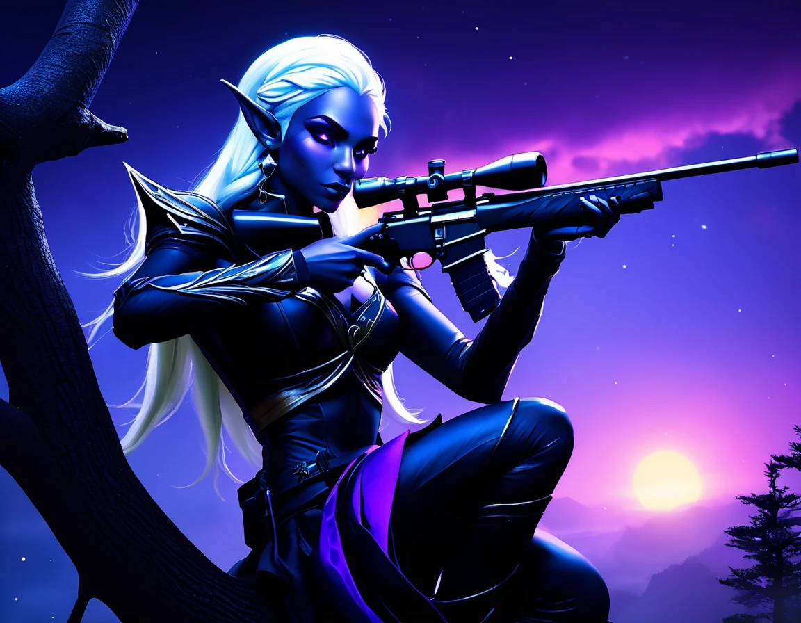 a portrait picture of a 1single female drow elf sniper, lying on a tree branch aiming a sniper rifle, an exotic beautiful elf sniper, white hair, braided hair, (black skin: 1.3), intense purple eyes, ultra detailed face, small pointed ears, night black camouflage cloths, intricate clothes, on top of a epic fantasy tree, aiming a Barret M82, fantasy fores background, its night time, moon rays, some clouds, (full body shot: 1.1) , vibrant, Ultra-high resolution, High Contrast, (masterpiece:1.5), highest quality, Best aesthetics), best details, best quality, highres, ultra wide angle, 16k, [ultra detailed], masterpiece, best quality, (extremely detailed) Sniper Rifle, Intense gaze