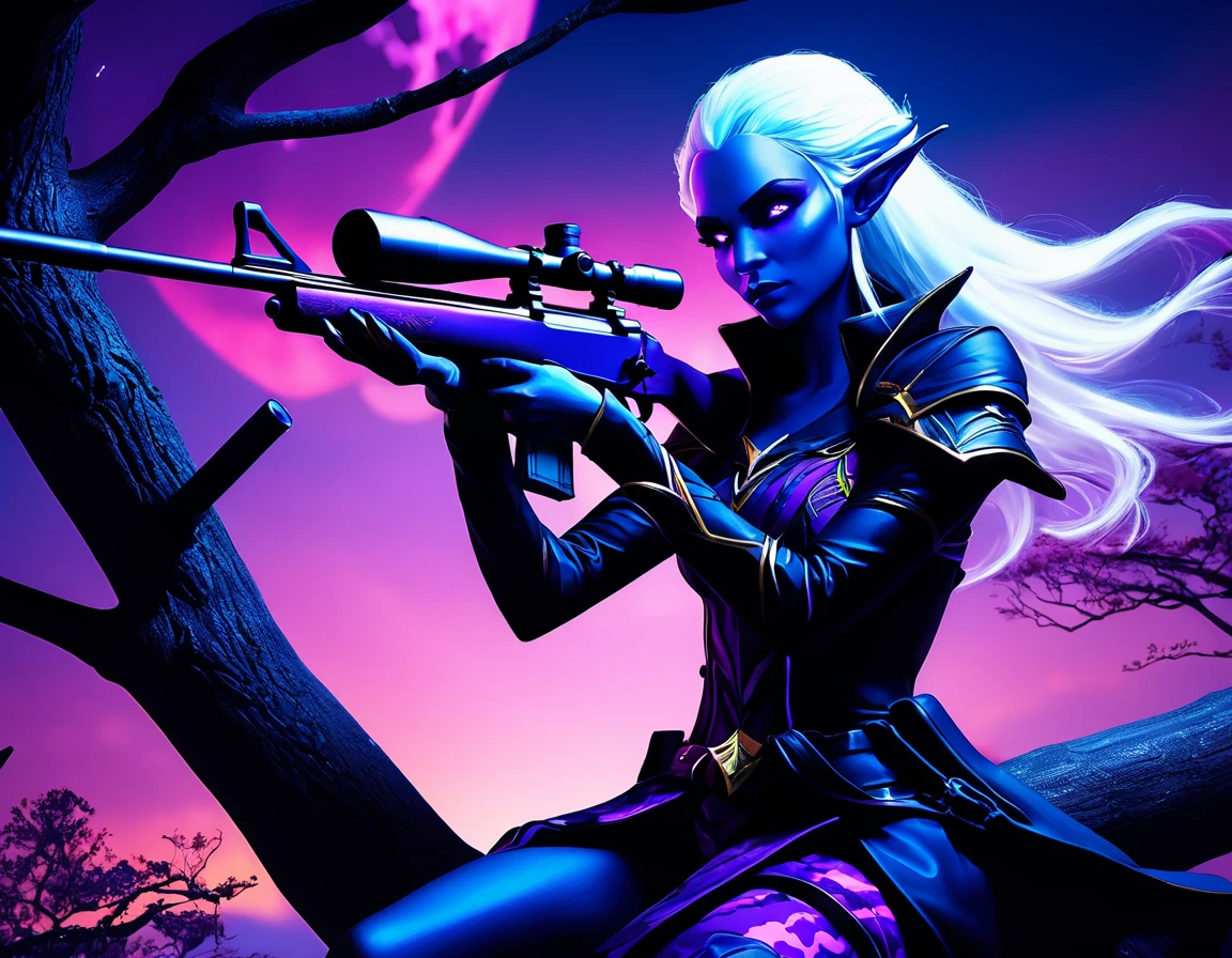 a portrait picture of a 1single female drow elf sniper, lying on a tree branch aiming a sniper rifle, an exotic beautiful elf sniper, white hair, braided hair, (black skin: 1.3), intense purple eyes, ultra detailed face, small pointed ears, night black camouflage cloths, intricate clothes, on top of a epic fantasy tree, aiming a Barret M82, fantasy fores background, its night time, moon rays, some clouds, (full body shot: 1.1) , vibrant, Ultra-high resolution, High Contrast, (masterpiece:1.5), highest quality, Best aesthetics), best details, best quality, highres, ultra wide angle, 16k, [ultra detailed], masterpiece, best quality, (extremely detailed) Sniper Rifle, Intense gaze