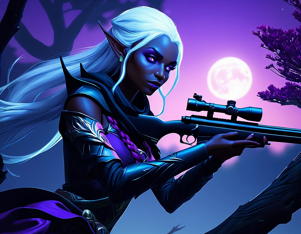 a portrait picture of a 1single female drow elf sniper, lying on a tree branch aiming a sniper rifle, an exotic beautiful elf sniper, white hair, braided hair, (black skin: 1.3), intense purple eyes, ultra detailed face, small pointed ears, night black camouflage cloths, intricate clothes, on top of a epic fantasy tree, aiming a Barret M82, fantasy fores background, its night time, moon rays, some clouds, (full body shot: 1.1) , vibrant, Ultra-high resolution, High Contrast, (masterpiece:1.5), highest quality, Best aesthetics), best details, best quality, highres, ultra wide angle, 16k, [ultra detailed], masterpiece, best quality, (extremely detailed) Sniper Rifle, Intense gaze