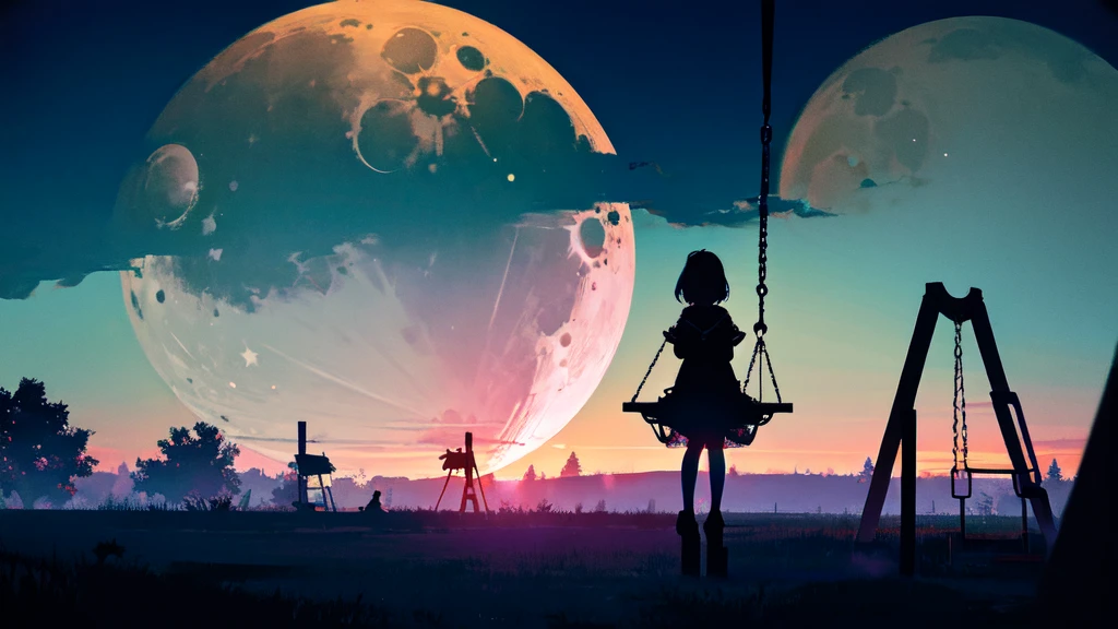 Eerie Illustration.
Make a night view of a park on a star-filled night.
A girl with long, straight hair sits on a swing in the corner of the screen, silhouetted against a large crescent moon.
There is other playground equipment.
The mood should be mysterious, with elements of serenity and eeriness mixed in.
A little horror.