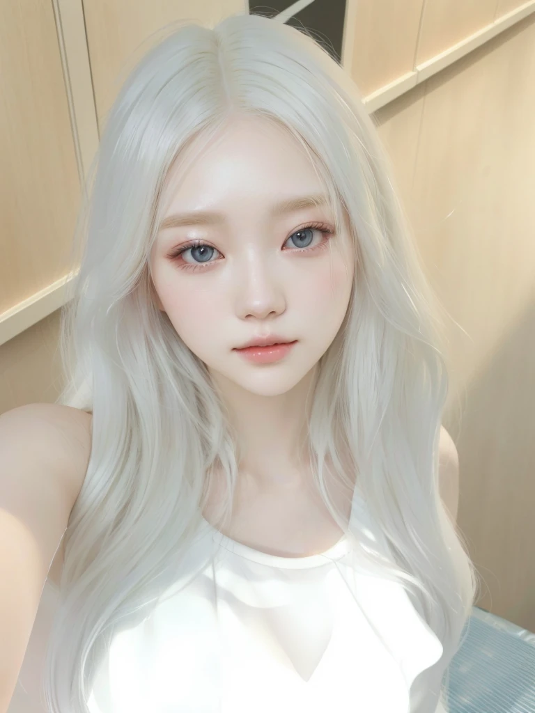 Wonyoung IVE, there is a woman (Wonyoung IVE) with long white hair and a white top, guweiz, artwork in the style of guweiz, with long white hair, pale porcelain white skin, pale hair, guweiz masterpiece, realistic anime 3 d style, pale white face, her hair is white, made with anime painter studio, with white long hair, glowing white face, Wonyoung IVE