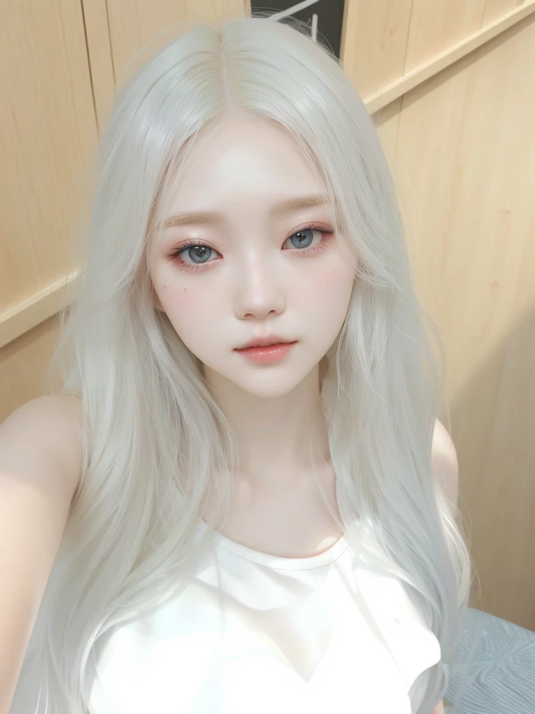 Wonyoung IVE, there is a woman (Wonyoung IVE) with long white hair and a white top, guweiz, artwork in the style of guweiz, with long white hair, pale porcelain white skin, pale hair, guweiz masterpiece, realistic anime 3 d style, pale white face, her hair is white, made with anime painter studio, with white long hair, glowing white face, Wonyoung IVE