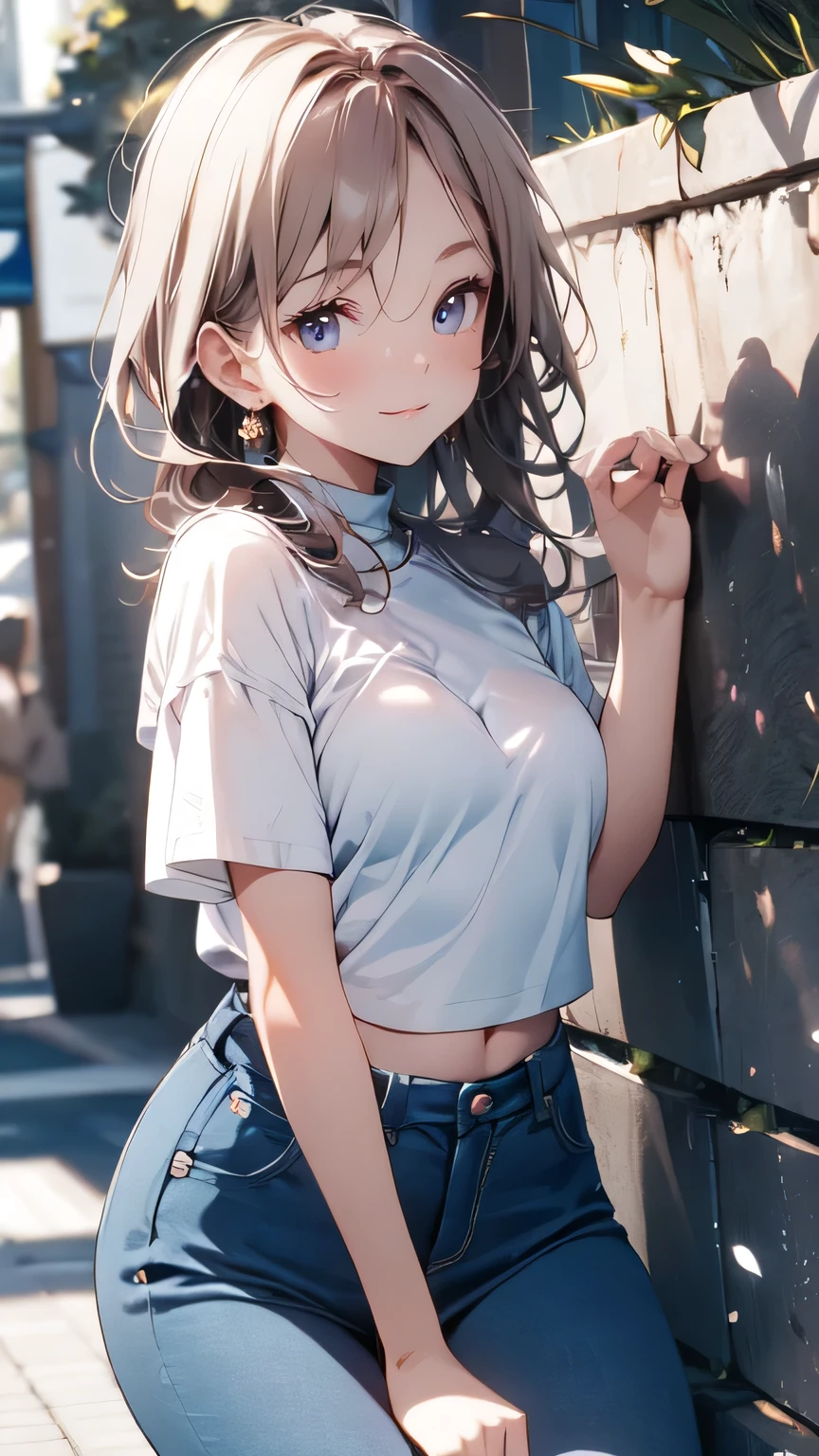 (masterpiece),Highest quality, cute girl leaning on a wall, Embarrassing, blush, Intimate moments, cute, Cropped shirt, Looking down, High Angle, close, BREAK she is Embarrassing, she is blush, She is beautiful, cute imgae
