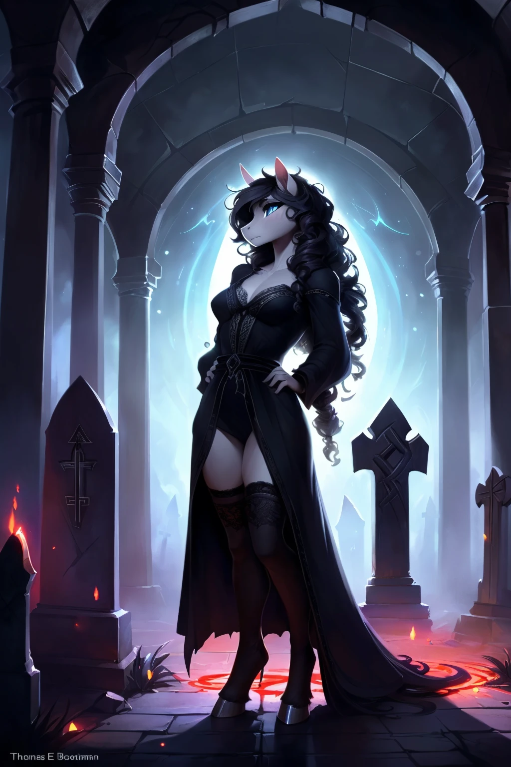 uploaded on e621, by Bayard Wu, by Thomas Benjamin Kennington, by Einshelm, solo anthro, ((Portrait)), Necromancer, ((Wear a decayed lace dress, necromancer robe)), torn robe, (detailed Bonifasko lighting), (Detailed fur), (detailed skin), ((grey flesh with with runic signs)), (Cinematic lighting), ((Detailed background, graveyard, grave, at night, ruins, mystic shadows)), ((The crypt background)), (pale eyes, ghost glow), (long gray hair, disheveled hair), Necromancer pony, MLP, My Little Pony, furry fantasy art, anthro art, commission for high res, Furry art, pov furry art, Sakimichan is beautiful, Best Quality, Detailed image, Detailed Face, perfect lighting, Perfect shadows, Perfect eyes, focus on girl, flawless face, gorgeous body, Hourglass body, feet focus (hooves in stockings), Body fur, Animal nose, pony muzzle, Grim look, half closed eyes, 1girl, full body, Detailed fur, Balanced coloring, ((Long curly mane, curly pony tail)), Furry, anthro, (attractive body), perfect legs, Dark energy Light, Stave, ((Casting a Spell)), Plague Spell, Raising the dead from the graves ((Bloody magic))