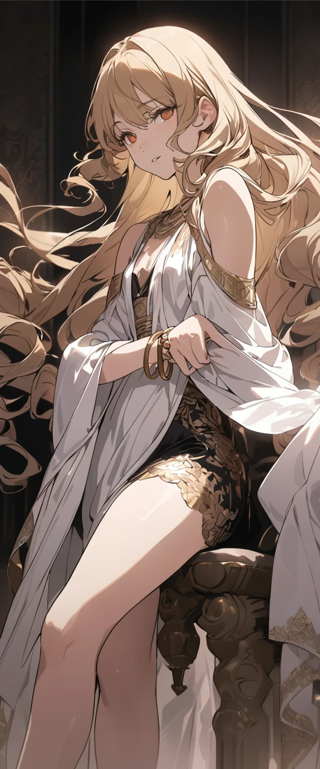 The woman, mature, anime screencapture, animated, by famous artist, from side, crossed legs, ancient clothing, roman clothe, woman, Fluttering long hair, long curly hair, gold hair, lace, floating hair, Delicate face linen, Expressionless, slightly smiling, emotionless eyes, Slightly open mouth, perfect hands, flat chest best quality, perfect and delicate limbs, dark orange eyes, detailed skin, Bracelet, super clothes detailed, flowing lace, Bare thigh, white silk Clothes,, ultra detailed, 8k, masterpiece