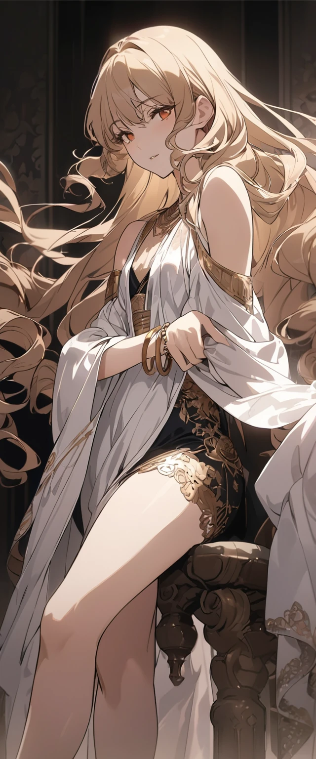 The woman, mature, anime screencapture, animated, by famous artist, from side, crossed legs, ancient clothing, roman clothe, woman, Fluttering long hair, long curly hair, gold hair, lace, floating hair, Delicate face linen, Expressionless, slightly smiling, emotionless eyes, Slightly open mouth, perfect hands, flat chest best quality, perfect and delicate limbs, dark orange eyes, detailed skin, Bracelet, super clothes detailed, flowing lace, Bare thigh, white silk Clothes,, ultra detailed, 8k, masterpiece