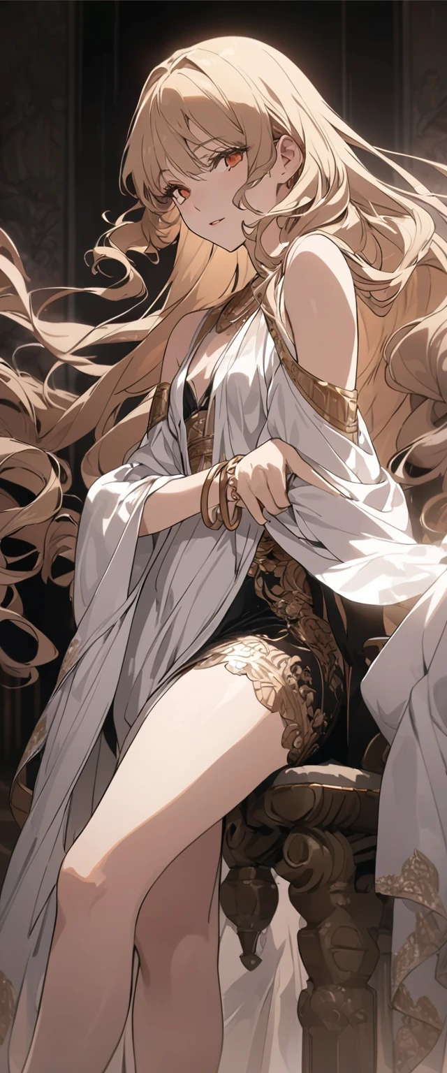 The woman, mature, anime screencapture, animated, by famous artist, from side, crossed legs, ancient clothing, roman clothe, woman, Fluttering long hair, long curly hair, gold hair, lace, floating hair, Delicate face linen, Expressionless, slightly smiling, emotionless eyes, Slightly open mouth, perfect hands, flat chest best quality, perfect and delicate limbs, dark orange eyes, detailed skin, Bracelet, super clothes detailed, flowing lace, Bare thigh, white silk Clothes,, ultra detailed, 8k, masterpiece