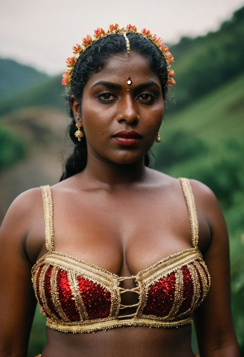 (((photo of a ancient kerala nude goddess ))), (((black kali))) , (((Half Body))), (((very dark skin))), (((45 years old))), (((((very dark nipple and areola))))) (((plus size chubby tall))), (((huge busty milky wet big massive boobs))), (((nude thick thigh))), (((ancient black mini skirt))), ((black skin dark body)), (((red ornaments))), (((depth of field))), ((( flame bokeh))), (((rain))), ((( flashing light leaks))), (((divine))), photorealistic,photo, realism, Getty Images, RAW candid cinema, 16mm, colour graded portra 400 film, remarkable colour, ultra realistic, textured skin, remarkable detailed pupils, realistic dull skin noise, visible skin detail, skin fuzz, dry skin, shot with cinematic,light leaks, RAW Image, DOF, depth of field,bokeh