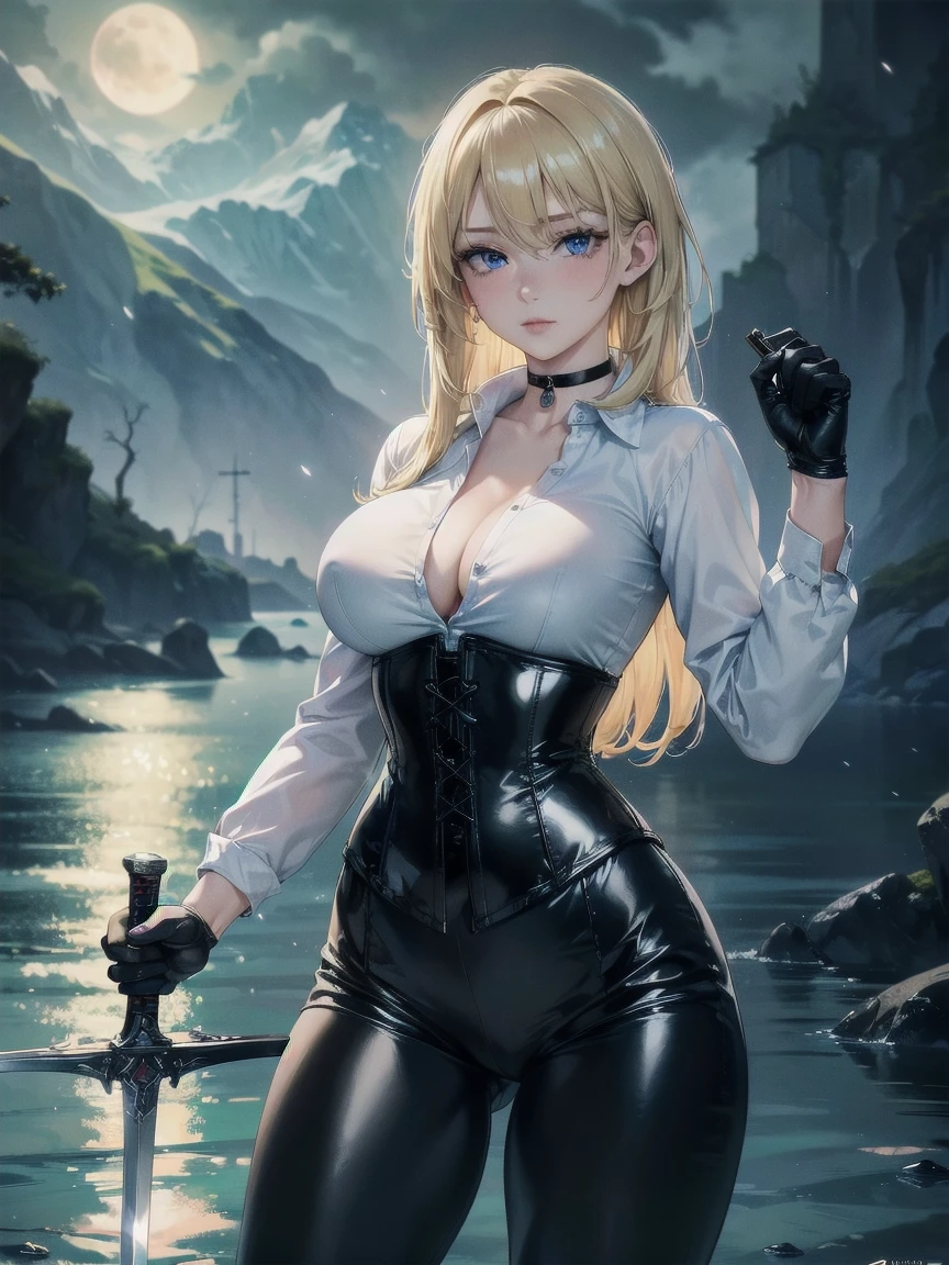 Masterpiece, Superior image quality, high resolution, 4k image,photo and gross, photorealistic, whole body, distant view, 1 young blonde of , {{{vagina}}}, big breasts, beautiful face, Long blonde hair, blue eyes, very detailed eyes, pink cheeks, shy expression, choker:1.6, (white collar button down long sleeve shirt), black gloves, gloves that cover hands, (holding a sword in his right hand), (black leather corset), (shiny black leggings), Sensual Lips, show details in the eyes, View from the front, looking at the viewer, stop on the shore of a lagoon, gloomy lagoon, evening, Atmosphere, fog