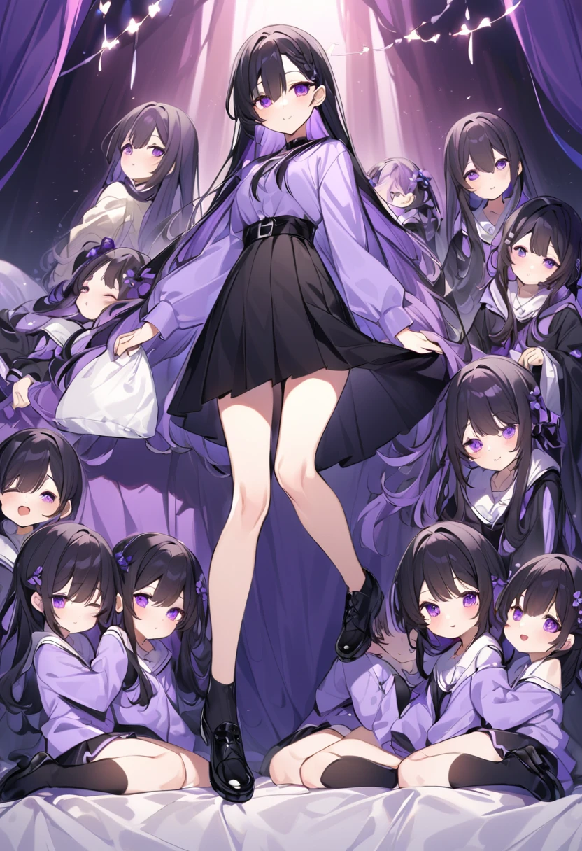 Keito。Purple hoodie。Black Skirt。Purple Eyes。Black Hair。Black shoes下。Black shoes。six sistery eldest daughter has lavender hair.。all female。Sextuplets。Purple bed