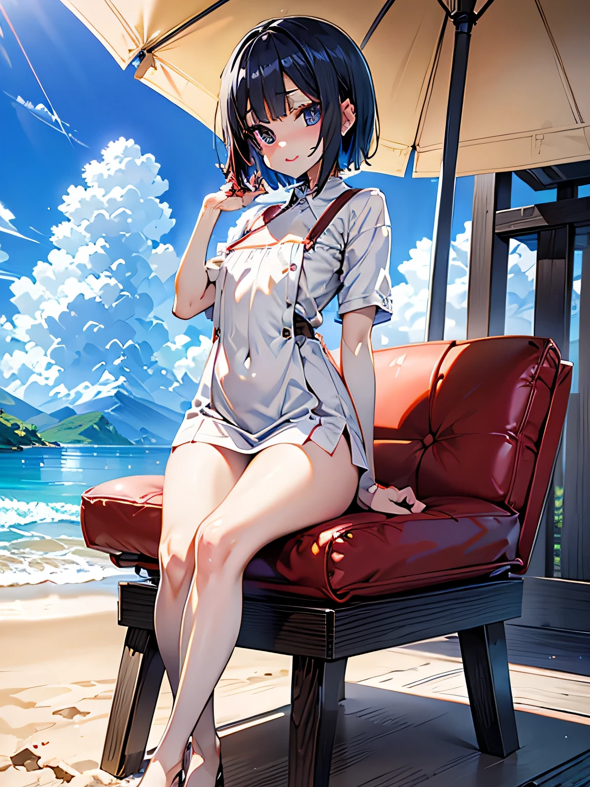 echo-san, 
dress shirt,
red suspender skirt,
bob cut,
black hair,
short sleeve,
High resolution,Sharp focus,(Super detailed,Very detailed),(Very detailed CG unity 8k wallpaper),(((Vibrant colors))),{best illustration},
Complex eyes,Beautiful Eyes,Symmetrical eyes,Big eyes:1.5,Seductive eyes,Perfect Fingers,(Detailed body),(Detailed face)), cute,small breasts,
shiny 肌,very shiny 肌,Shiny body,plastic glitter 肌,exaggerated shiny 肌,illuminated 肌,

Dynamic Pose,smile,　Open your mouth,　Put your hand on your cheek,
Outdoor,wood,scenery,Chair,Beach,bucket,Day,food,umbrella,palm tree,sand,null,boat,Fruits Sea,table,water, 
cup, shade, lounge chair, beach chair,plant,dish,Bottle,cloud,beach umbrella,Shadow,towel,Dazzling Light,
