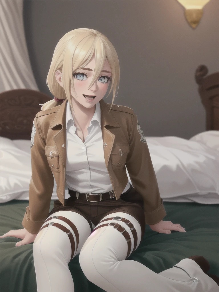 score_9, score_8_up, score_7_up, source_anime, 1boy, 1girl, seras victoria, hellsing, blush, shy, looking at viewer, blonde hair, blue eyes, 1girl, annie leonhart, attack on titan, anal sex, doggystyle sex, doggystyle, doggystyle position, front view, penis