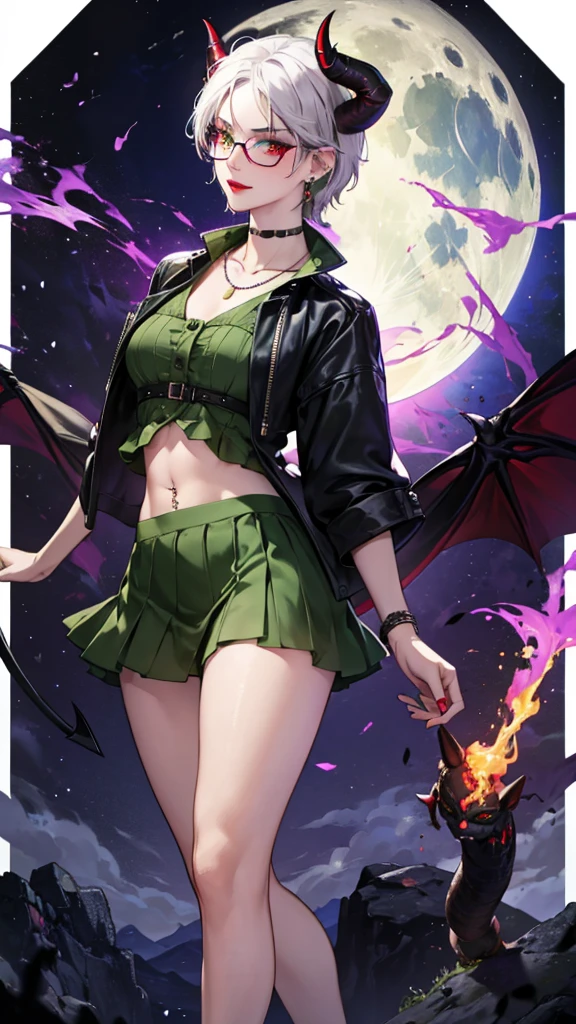8k, masterpiece, best quality, highly detailed, 1 girl, tiefling, warlock, multicolored hair, very short straight hair green highlight hair on white hair, strippled hair, wearing glasses, round glasses, earrings, navel piercing, miniskirt, red eyeshadow, long eyelashes, blushed cheek, red lips, necklace, rings, collarbone, mole, glamorous, olive green clothing, smirk, fullbody view, rings, looking at viewer, demon horns, solo, nightmarish landscape, blue pale moon, standing, cosmic horror, decaying.