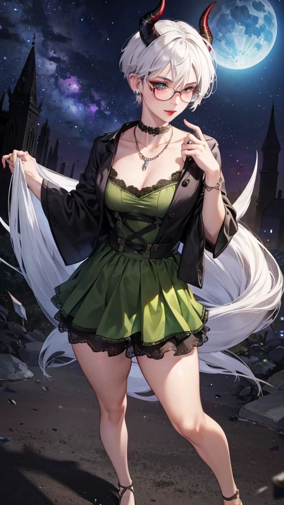 8k, masterpiece, best quality, highly detailed, 1 girl, tiefling, warlock, multicolored hair, very short straight hair green highlight hair on white hair, strippled hair, wearing glasses, round glasses, earrings, navel piercing, miniskirt, red eyeshadow, long eyelashes, blushed cheek, red lips, necklace, rings, collarbone, mole, glamorous, olive green clothing, smirk, fullbody view, rings, looking at viewer, demon horns, solo, nightmarish landscape, blue pale moon, standing, cosmic horror, decaying.
