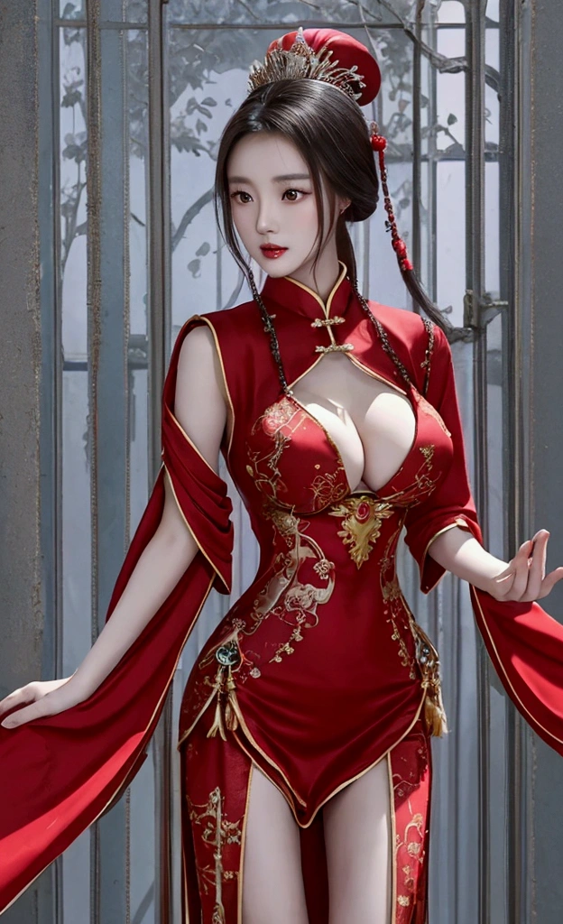 a woman in a red dress and a red robe posing for a picture, japanese goddess, a beautiful fantasy empress, chinese girl, chinese princess, chinese empress, chinese style, chinese dress, chinese woman, ((a beautiful fantasy empress)), gorgeous chinese model, beautiful oriental woman, beautiful alluring anime woman, trending at cgstation, beautiful render of tang dynasty