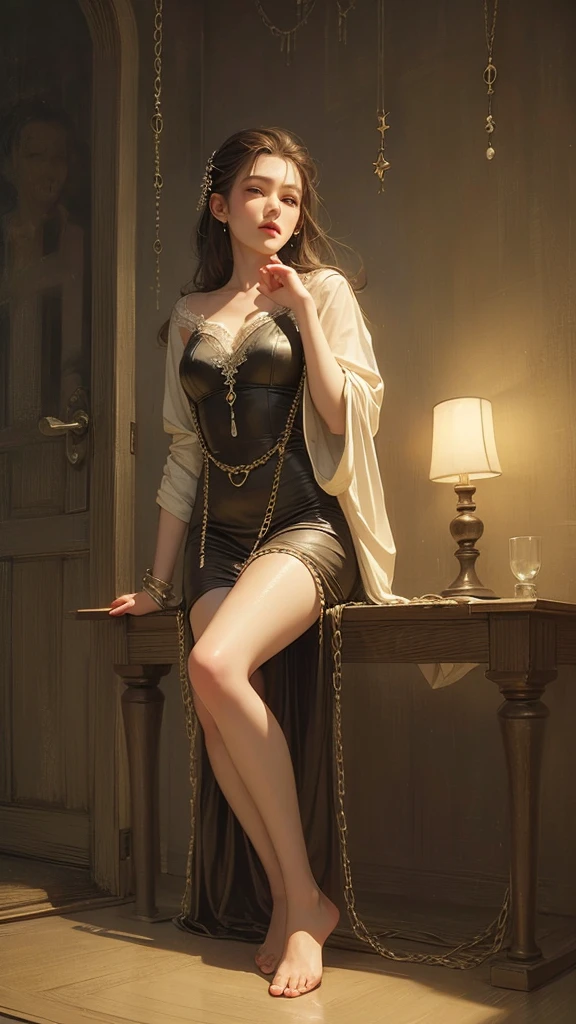 Dark Gothic、18 years old Silk Gothic dress In a candlelit mansion、
Sensual woman with chains on her hands and feet, beautiful eyes, beautiful and detailed lips, high-definition face, long eyelashes, elegant appearance, gothic dress, soft lighting, dramatic shadows, calm color palette, cinematic composition, photorealistic Stick, (Top quality), 4K, 8K, High resolution, Masterpiece: 1.2), Ultra-definition, (Real, Photorealistic, Photorealistic: 1.37), Lace pants, Sitting, sensual pose, Bold pose, Moist skin, sweaty, bare feet, ecstasy, embarrassed, masochistic, blushing, embarrassed, ecstatic expression, Pushing out chest、、sticking out buttocks, distorted facial expression, tears flowing, heavily wet.transformation、hands tied above the head、night、Flickering candle light、Gorgeous Babylonian costume、Luxurious Babylonian room、her skin is wet