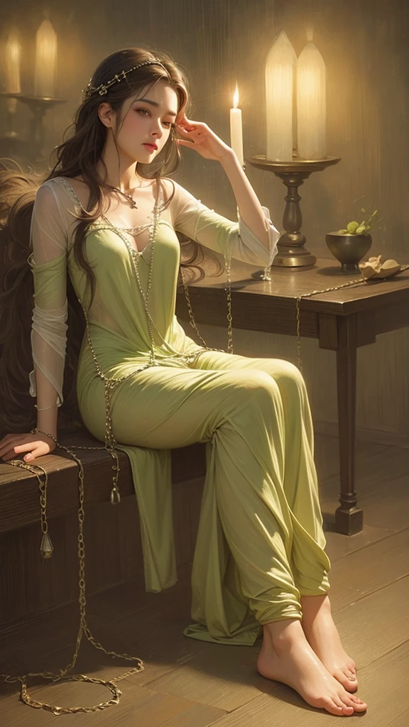 Dark Gothic、18 years old Silk Gothic dress In a candlelit mansion、
Sensual woman with chains on her hands and feet, beautiful eyes, beautiful and detailed lips, high-definition face, long eyelashes, elegant appearance, gothic dress, soft lighting, dramatic shadows, calm color palette, cinematic composition, photorealistic Stick, (Top quality), 4K, 8K, High resolution, Masterpiece: 1.2), Ultra-definition, (Real, Photorealistic, Photorealistic: 1.37), Lace pants, Sitting, sensual pose, Bold pose, Moist skin, sweaty, bare feet, ecstasy, embarrassed, masochistic, blushing, embarrassed, ecstatic expression, Pushing out chest、、sticking out buttocks, distorted facial expression, tears flowing, heavily wet.transformation、hands tied above the head、night、Flickering candle light、Gorgeous Babylonian costume、Luxurious Babylonian room、her skin is wet