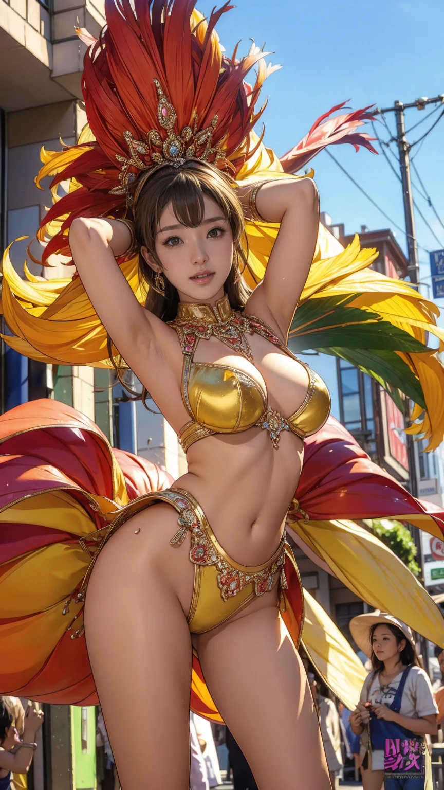 Highest quality, Official Art, masterpiece, Fabric Shading, High resolution, Very detailed, colorful, Best details, High leg samba micro costume:1.5, microwave good:1.9 Yuki Mori:1.5, 1 female, Age 25, Brown Hair, Medium Hair,Big Ass:1.9, {{{{{Dancing vigorously in the parade:1.9}}}}}, A bustling boulevard, sunny, skinny, {{Surrounded by a bunch of male photographers:1.9}}, She is being photographed by many male photographers.:1.7, A blizzard is falling, Blessed, welcome:1.5, Camel Toe:1.9, Ground level shot,