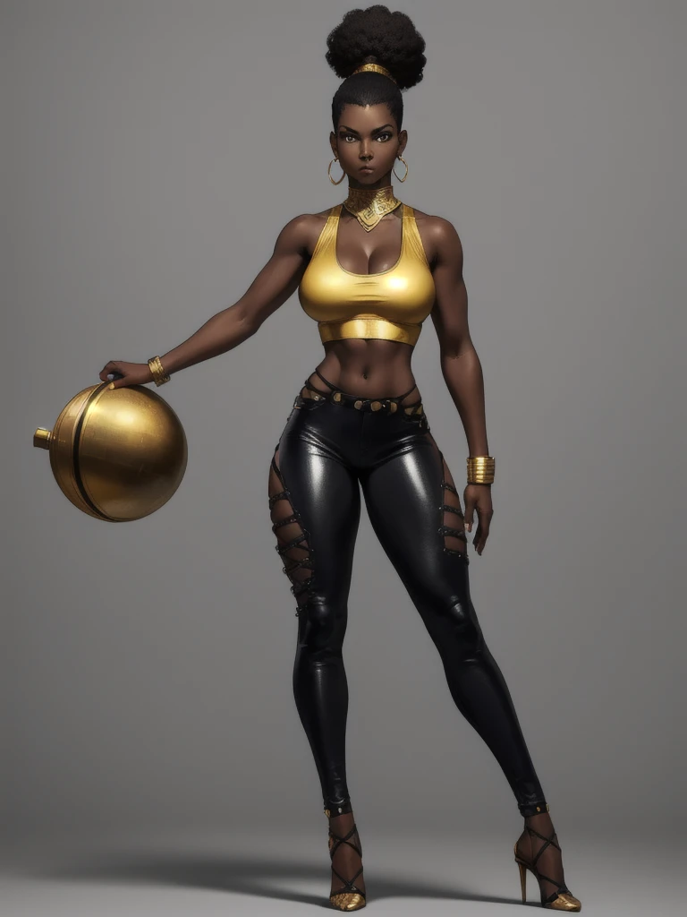 ((best quality)), ((4k)), ((highres)), ((masterpiece:1.2)). ((detailed)), ((ultra realistic)), ((intricate details)), ((full body picture)), ((solo character)), a full body picture of a beautifull Ebony skinned female, black woman, dark skin, perfect face, detailed eyes, detailed lips, about 25 years old, about 5'5 ft. tall, punk black woman, punk style, side shaved hair ((emphasis on her side shaved hair)), side-shaved afro hair style, ((emphasis on her side-shaved afro hair style)), muscular body, hourglass body type, thick and muscular, dressed in a golden top ((emphasis on her gold tank top)), and black leather pants, high heels, fighting game character concept art, tekken character design, the king of fighters character concept, full bofy, full body concept art, full body art