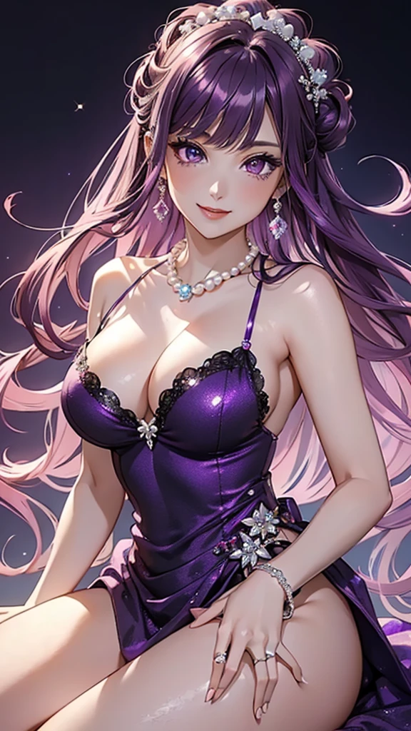 (((masterpiece, super high resolution, ultra HD, 8K quality))), (((woman in purple evening dress / revealing dress))), (((purple hair, french updo))), (((beautiful sparkling purple eyes, pupils with highlights))), ((blunt bangs)), pink lips, sexy expression, ((highly detailed)), (perfectly detailed face), (detailed and carefully drawn hands), (((very large breasts, cute smile))), photorealistic image, silver earrings, pearl necklace, jade bangle, diamond ring
