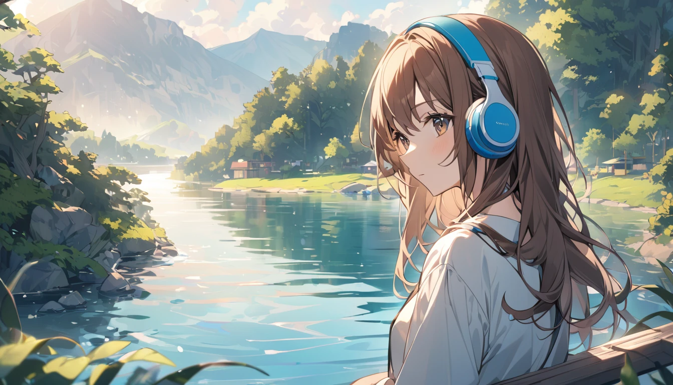 Girl wearing headphones,Brown Hair,1 person,bright,Detailed Background,「Quiet lakeside」 - Relax by the lake