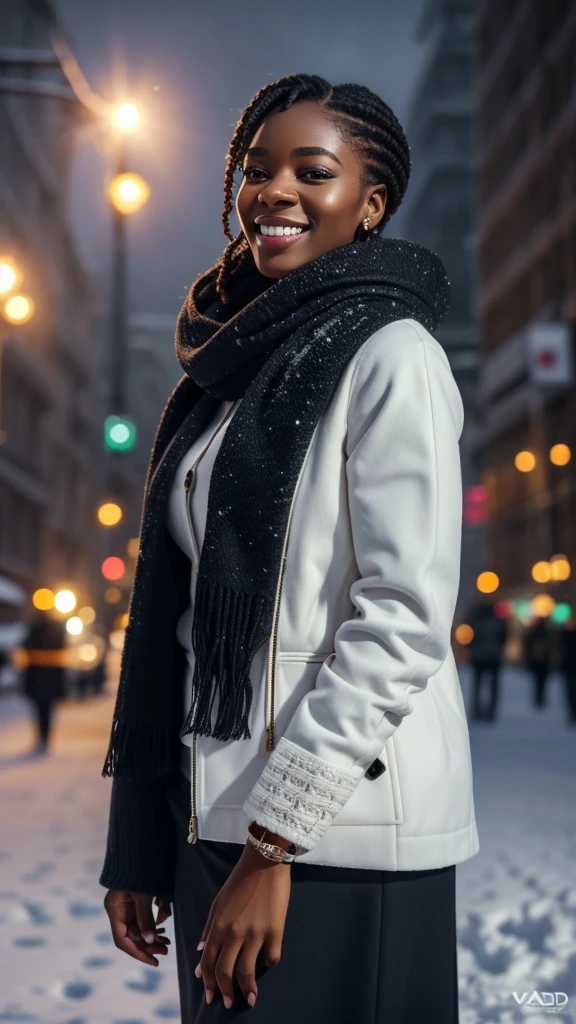 A beautiful beautiful black woman, beautiful silhouette, beautifuls + gentle lips+Businessman Tresse) are in a company . very realistic Ivorian communications manager,,,,,,,,,,,, perfect smile beautiful white teeth,,,,,,,,, Make-up natural, chice, Wear warm winter fashion clothes, ((Do lado de fora, on the snowy city street)), stunning modern surroundings, ultra realisitic, concept drawing, chic, highy detailed, complicated, keen focus, Depth oF Field, F/1. 8, 85mm, medium shot, medium shot, (((professionally color graded))), Spilled, soft, diffuse light, (Volumetric fog), Trending on Instagram, HD 4k, 8k