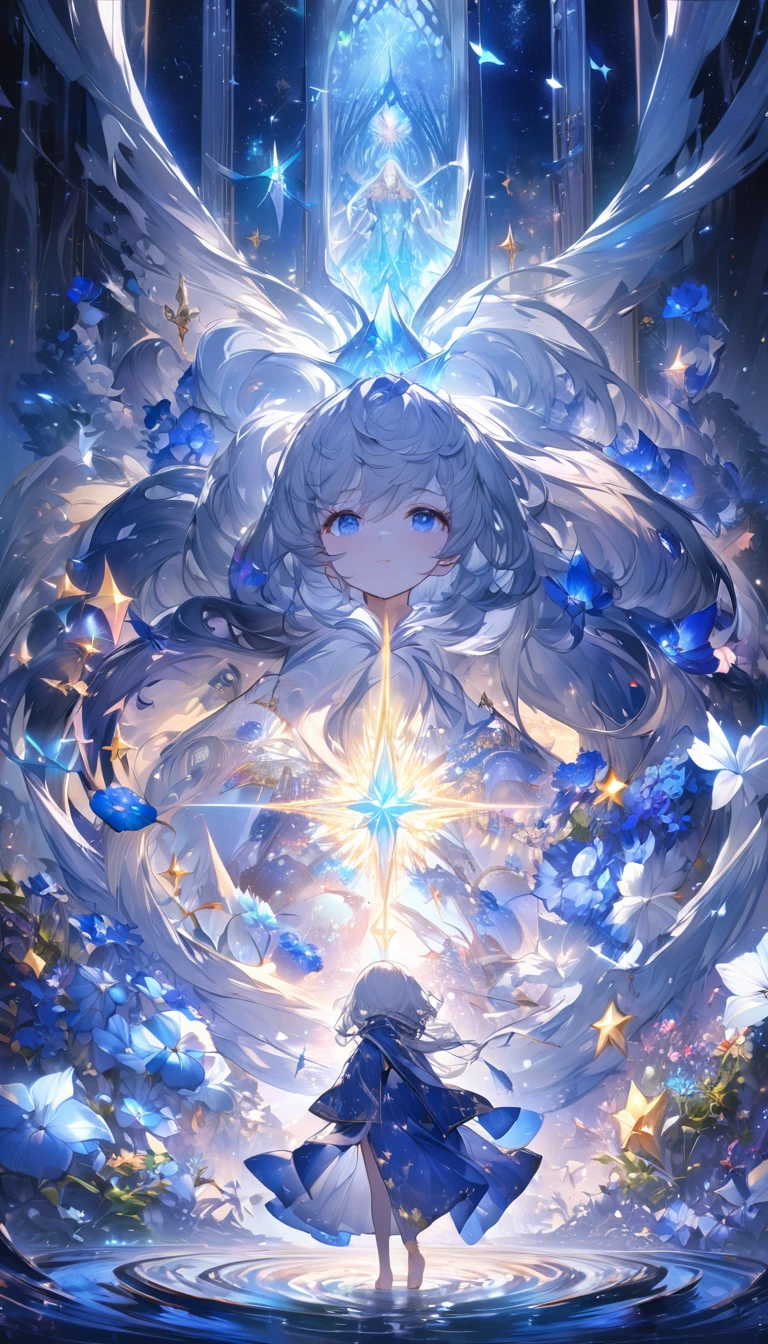 Highest quality,masterpiece,Detailed Details,Super detailed,colorful,The background is the deep blue sea,Transparency,Use HDR technology to create a sense of depth,beautiful,beautiful自然,Sacred atmosphere,8-year-old girl,Alone,Wearing starry wizard robes,Stand in the center of the screen,The whole body faces this way,Look diagonally forward to the left,Put your right hand forward in a three-dimensional way,A star-like light from the right,Light magic from the right hand,Narrow and gentle eyes,mysterious,Silver hair decorated with blue flowers,Fantasy atmosphere,beautiful虹色の蝶々is flying in the air