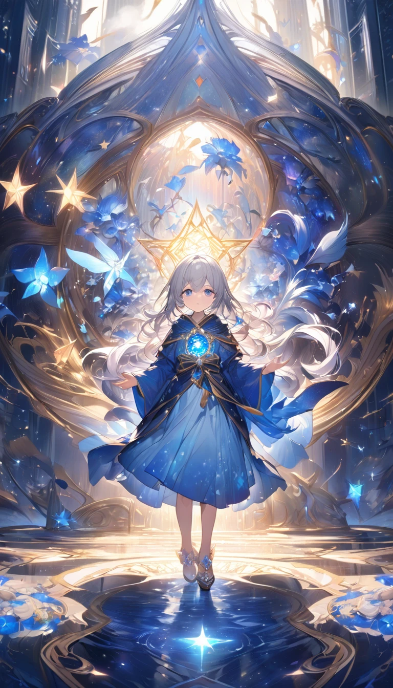 Highest quality,masterpiece,Detailed Details,Super detailed,colorful,The background is the deep blue sea,Transparency,Use HDR technology to create a sense of depth,beautiful,beautiful自然,Sacred atmosphere,,Alone,Wearing starry wizard robes,Stand in the center of the screen,The whole body faces this way,Look diagonally forward to the left,Put your right hand forward in a three-dimensional way,A star-like light from the right,Light magic from the right hand,Narrow and gentle eyes,mysterious,Silver hair decorated with blue flowers,Fantasy atmosphere,beautiful虹色の蝶々is flying in the air