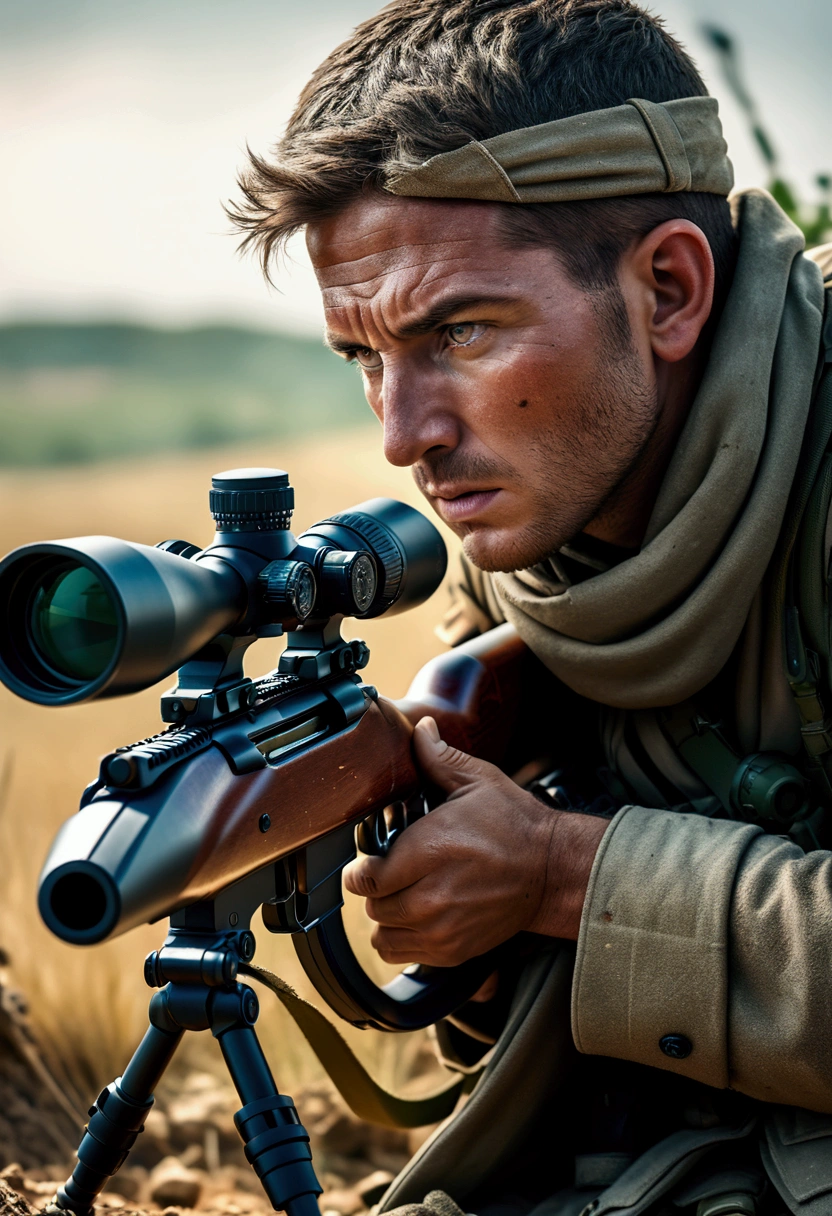 (Sniper), Under the cover of night, the sniper's figure merged with the darkness, his night vision device emitted a faint light, emphasizing the sniper's focused expression, full body, award-winning, cinematic still, emotional, vignette, dynamic, vivid, (masterpiece, best quality, Professional, perfect composition, very aesthetic, absurdres, ultra-detailed, intricate details:1.3)