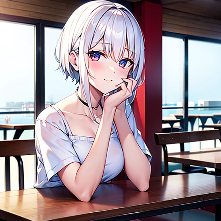 (white short hair)(red eyes)(drinking in restaurant)4K