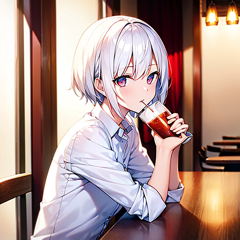(white short hair)(red eyes)(drinking in restaurant)4K