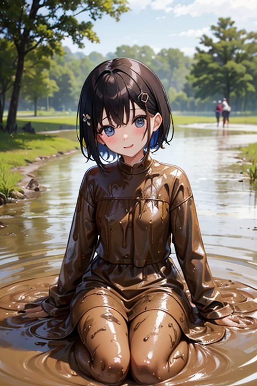 Highest quality、Black Hair、Iris、short hair、girl、cute、************、、Small hair ornament、1 person、Idol Costumes、A dress with lots of frills、A happy look、Muddy、Covered in mud、Muddy、Mud Pool、Punishment game、