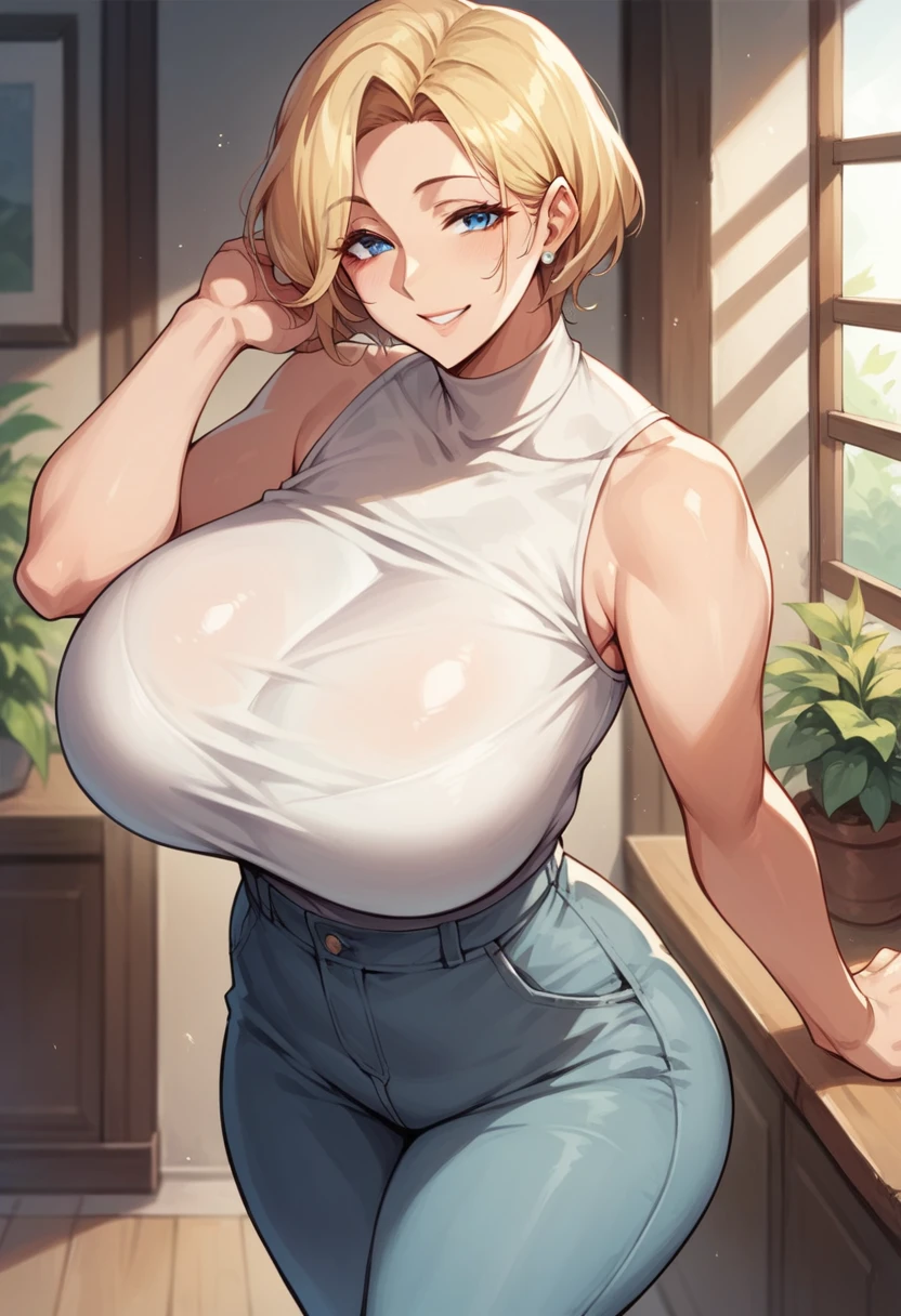 score_9, score_8_up, score_7_up, score_6_up, milf, huge breasts, wide hips, curvy, straight hair, short hair, blonde hair, blue eyes, white shirt, Sleeveless shirt, pants, indoors, standing, looking at viewer, smile