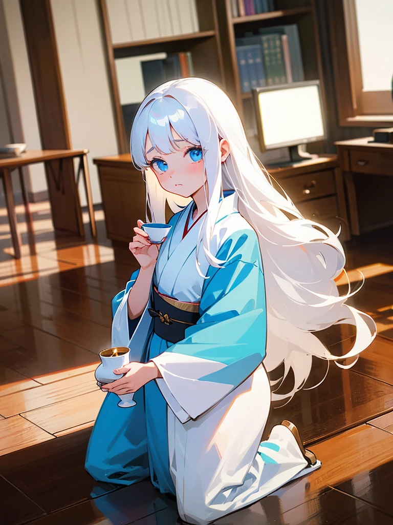 Young girl, 8yo, long  white hair, wearing white kimono, blue colored eyes, holding a porcelain cup, is in an 80s style office, books around, wood floor, Grieving, sad