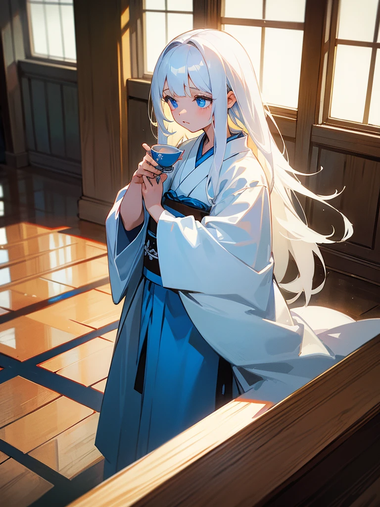 Young girl, 8yo, long  white hair, wearing white kimono, blue colored eyes, holding a porcelain cup, is in an 80s style office, books around, wood floor, Grieving, sad