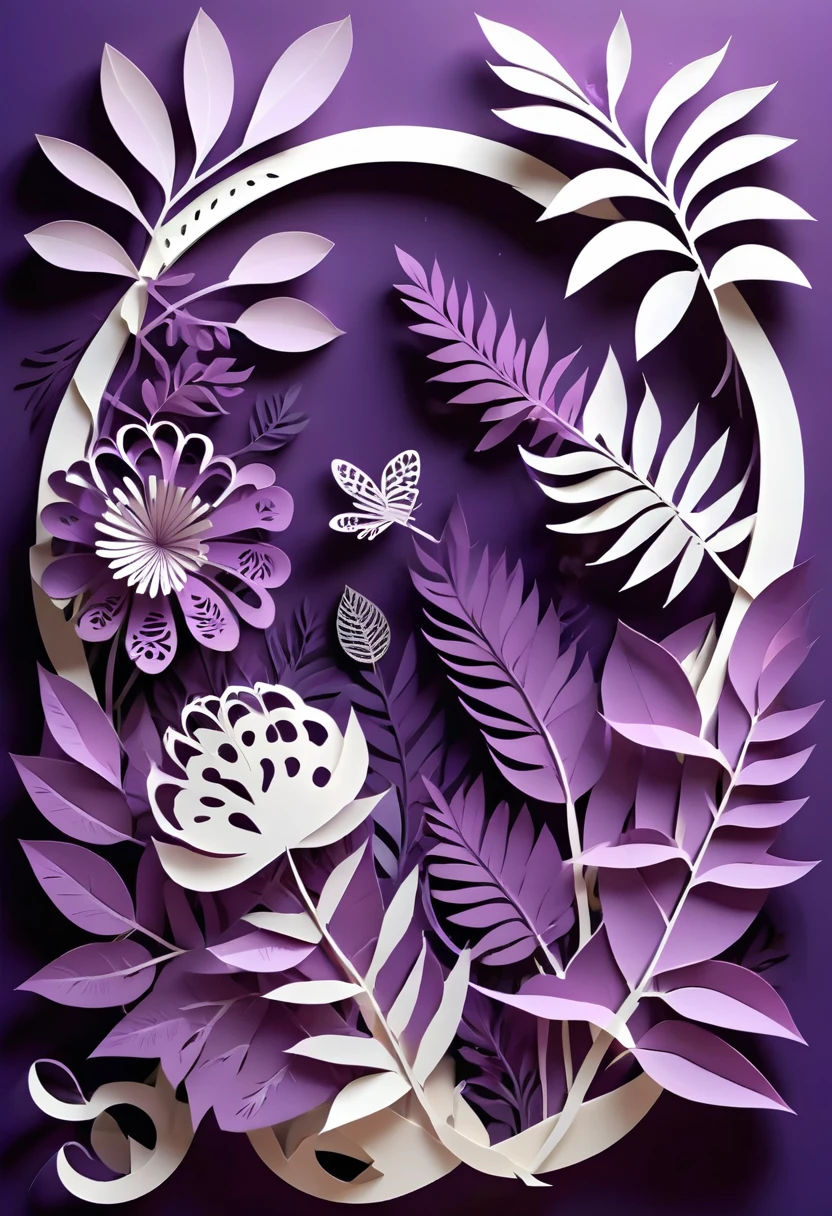 paper cutting art, papercut, west papuan native plant, leaf, single layer, (Flat paper cutout, digital art), Against a pure white background, vector illustration, papercut style, purple colours, high quality image, borders page, nature