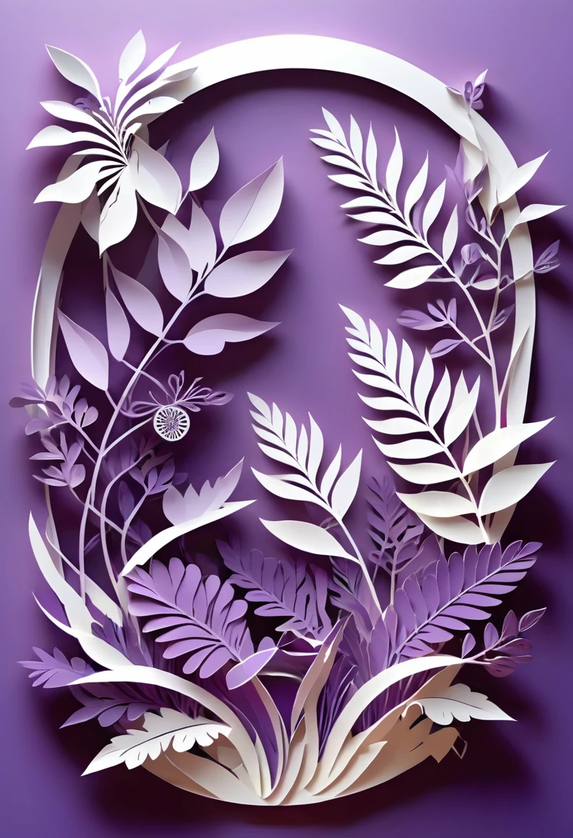 paper cutting art, papercut, west papuan native plant, leaf, single layer, (Flat paper cutout, digital art), Against a pure white background, vector illustration, papercut style, purple colours, high quality image, borders page, nature